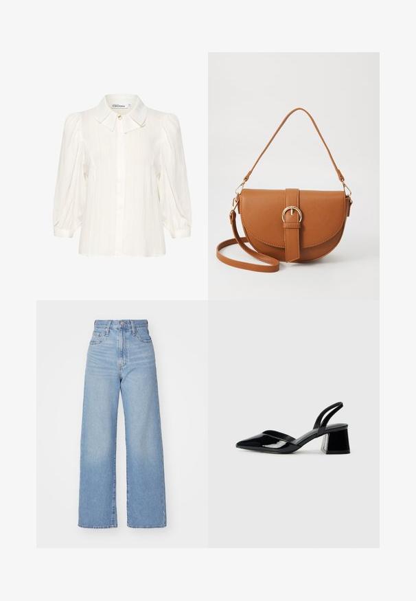 White blouse with textured fabric, a spread collar, front button closure, and puffed long sleeves. Soft and lightweight design.; Light blue high-waist wide-leg jeans with front button and zip closure, front and back pockets, on a white background.; Black patent leather slingback heels with a pointed toe and a geometric block heel. Features a sleek, minimal design and smooth texture.; Brown leather crossbody bag with a curved shape, gold hardware, and a buckle accent. Features a detachable shoulder strap.
