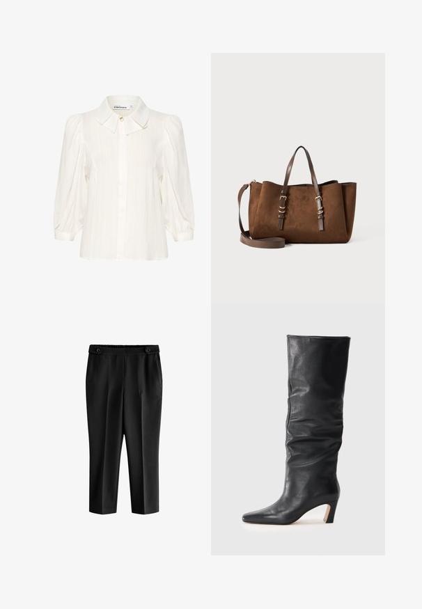 Bela bluzica iz teksturiranega materiala, s širšim ovratnikom, sprednjim zapiranjem na gumb in napihnjenimi dolgimi rokavi. Mehak in lahko oblikovan dizajn.; Črne skrajšane hlače z ohlapnim krojem, elastičnim pasom in dvema sprednjima žepoma. Tkanina ima gladko teksturo z rahlo sijočim zaključkom.; Črne usnjene čevlje do meč s peto, z nekoliko nagubanim zgornjim delom in koničastim nosom na svetli podlagi.; Rjava semiš torba z obliko, ki jo nosimo v rokah, z dvema usnjenima ročajema, nastavljivim naramnim trakom in zlatimi okrasnimi detajli.