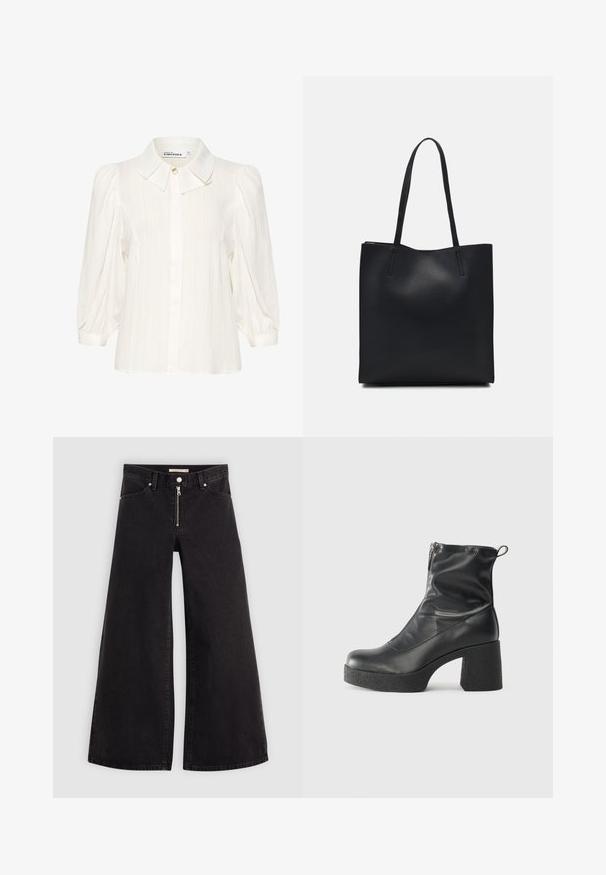 White blouse with textured fabric, a spread collar, front button closure, and puffed long sleeves. Soft and lightweight design.; Wide-leg jeans in black denim with a zippered front, five-pocket design, and subtle stitching details. Smooth texture and casual style.; Black ankle boots made of smooth leather, featuring a side zipper, chunky textured heel, and rounded toe design.; Black leather tote bag with smooth texture, rectangular shape, and two long handles. No visible hardware or embellishments.