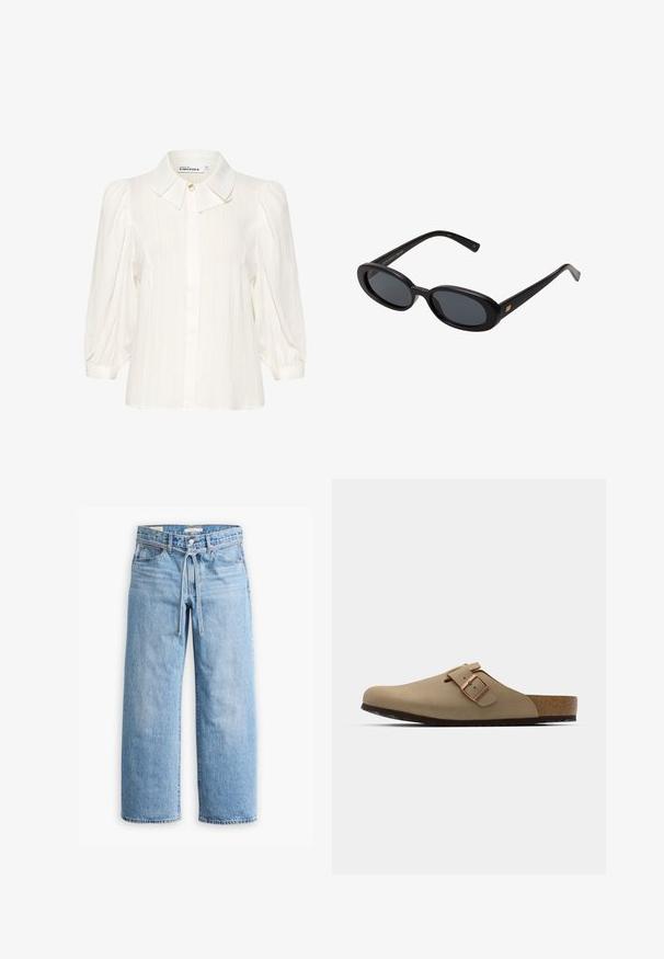 Hvid bluse med tekstureret stof, spredt krave, knaplukning foran og puffede lange ærmer. Blød og let design.; Lysblå denim bukser med vid ben, høj talje, knap- og lynlåslukning samt snoretræk i taljen. Raflet kant.; Beige klipklapper med rund tå, justerbar spænde og korksål. Tekstureret overflade med en sort gummisål for godt greb.; Store store