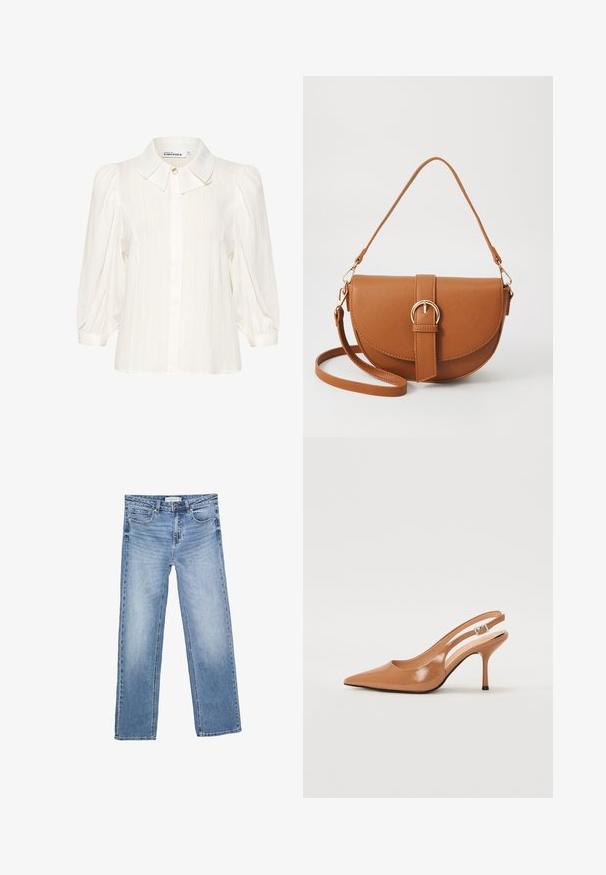 Weiße Bluse aus strukturiertem Stoff, mit einem Umlegekragen, vorderer Knopfleiste und langen Puffärmeln. Weiches und leichtes Design.; Gerade geschnittene blaue Denim-Jeans mit einer verblassten Waschung, fünf Taschen und einer klassischen Knopfleiste. Aus Baumwollmaterial mit auffälligen Nähten.; Spitz zulaufender Slingback-Absatz aus einem glatten, glänzenden, tanfarbenen Material. Mit einem geschwungenen Ausschnitt-Design und einem schlanken Stiletto-Absatz. Silberne Schnallendetails.; Braune Leder-Crossbody-Tasche mit geschwungener Form, goldfarbenen Beschlägen und einer Schnallenakzentuierung. Verfügt über einen abnehmbaren Schultergurt.