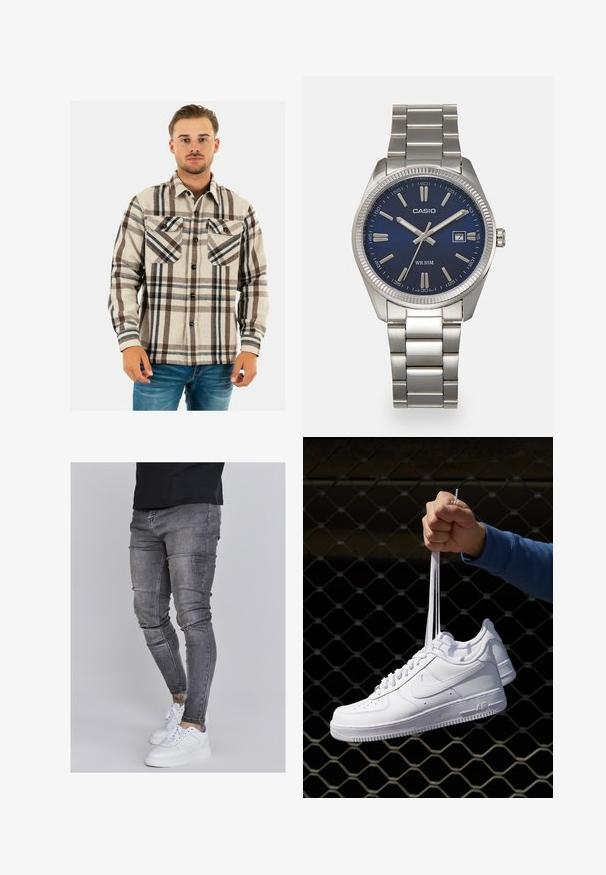 Schott SHCARL4 - Camicia - beige; Jeans skinny in denim grigio sbiadito, con dettagli strappati sulle ginocchia, abbinati a sneakers bianche. Texture liscia, design slim fit.; Sneakers in pelle bianca con perforazioni, punta rotonda, suola piatta e lacci spessi, con logo swoosh visibile e "AIR" sul tallone.; Orologio da polso in acciaio inossidabile argento con quadrante blu navy, indici metallici e finestra della data alle 3. Resistente all'acqua fino a 50 metri.