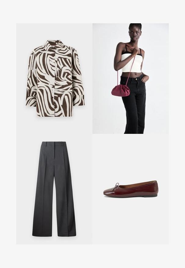Brun og hvit skjorte med knapper som har et bølget mønster. Laget av teksturert materiale med krage og en enkel brystlomme.; Vide bukser i mørkegrått stoff med høy livlinje, enkel press, og en glatt tekstur med en ren finish på ermekantene.; Burgunderrød lakk lær ballettleilighet med rund tå, liten sløyfe foran og en lav, svart gummisåle. Glatt tekstur.; Burgunderfarget myk stoffhåndveske med en samlet design og en lang stropp, båret som en crossover. Modellen har på seg en hvit crop-top og svarte jeans.
