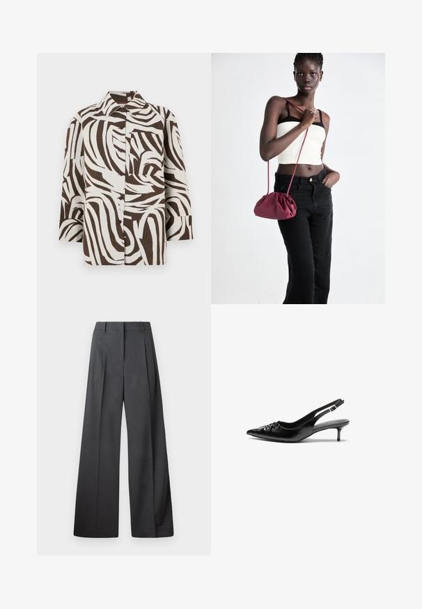 Hnedo-biely košeľový dres s vlnkovým vzorom. Vyrobený z textúrovaného materiálu s golierom a jednou náprsní kapsou.; Nohavice s širokými nohavicami z tmavošedej látky, s vysokým pásom, jedinými záhybmi a hladkou textúrou s čistým zakončením na lemoch.; Čierne kožené slingback podpätky s ostrou špičkou, malým podpatkom a dekoratívnym uzlom vpredu. Hladký povrch po celom obvode.; Burgundský mäkký kabelka z textilu s zhromaždeným dizajnom a dlhým popruhom, nosená cez telo. Model má na sebe biely crop top a čierne džínsy.