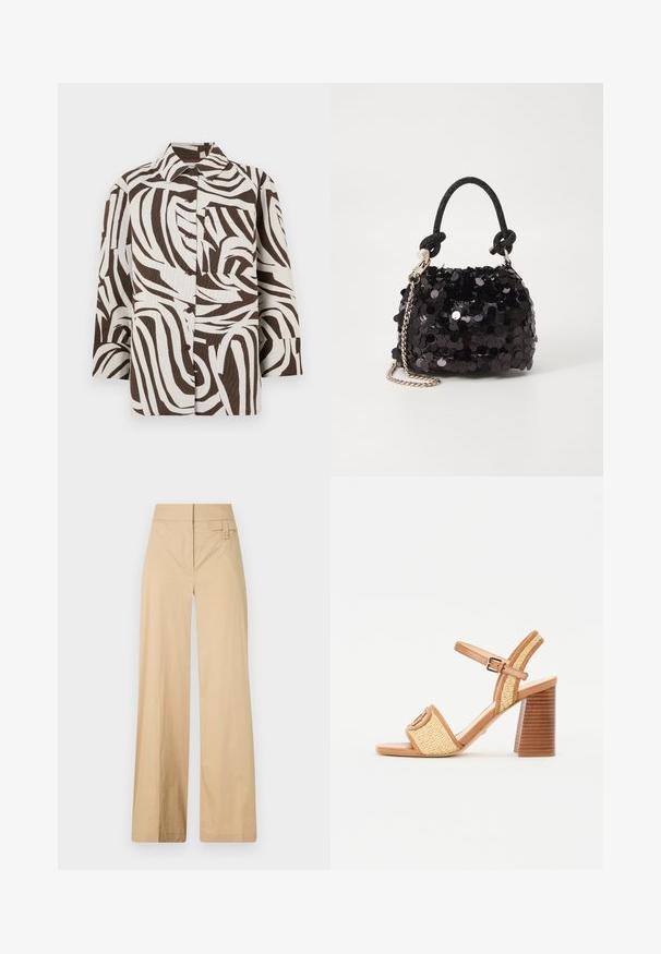 Rudas ir baltas marškiniai su mygtukais, kuriuose yra bangos pavidalo raštas. Pagaminti iš tekstūruotos medžiagos, su apykakle ir viena krūtinės kišene.; Smėliniai plačiakelniai kelnių pagaminti iš medvilnės ir sintetinės medžiagos mišinio. Turi lygų tekstūrą, elastingą juosmenį ir šoninį mygtuko akcentą.; Rudos odinės ir audinės šiaudinės aukštakulnės šlepetės su kulkšnies juostele, atvira nosimi ir plačiu medinį primenančiu kulniuku su horizontaliais raštais.; Juodas blizgučių mini rankinukas su mazguotu tekstūruotu dirželiu ir sidabro grandine. Suapvalinta forma su susiraukšlėtopu ir atspindinčiomis detalėmis.