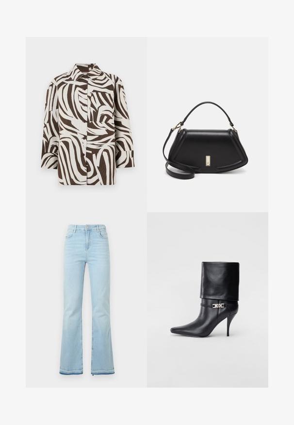 Bruine en witte button-up shirt met een golvende patroon. Gemaakt van een gemêleerd materiaal met een kraag en een enkele borstzak.; Lichtblauwe klokbroeken van denim, met een hoge taille, voorzakken en een ruwe zoom bij de boorden voor een casual uitstraling.; Zwarte leren enkelboot met een spitse neus, hoge stilettohak, opgevouwen manchet en een gouden decoratieve gespdetails op de enkel.; Zwarte leren handtas met een gestructureerd ontwerp, featuring een verkorte vorm, bovenhandvat en gouden hardwareaccent. Inclusief verstelbare schouderband.