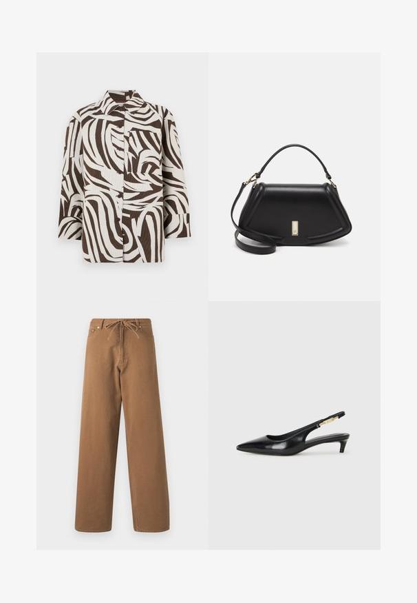 Brun och vit skjorta med knappar som har ett vågigt mönster. Tillverkad av texturerat material med krage och en singel bröstficka.; Bruna vida byxor i bomull med dragsko i midjan och två framfickor. Strukturerad tyg med en slät finish.; Svart läder slingback-hälar med spetsig tå, med en smal klack och en guldtonad detalj på den justerbara remmen. Slät textur.; Svart läderhandväska med en strukturerad design, som har en avskuren form, ett handtag upptill och guldiga detaljer. Justerbar axelrem ingår.