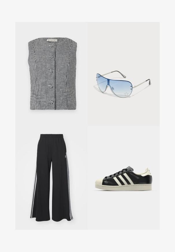 Top sans manches en vichy noir et blanc avec un col arrondi, comportant trois boutons sur le devant et un tissu texturé.; Pantalons de survêtement larges noirs avec une taille élastique, présentant des rayures blanches sur les côtés et un logo brodé sur la cuisse gauche.; Baskets en cuir noir avec des rayures blanches, embout en caoutchouc, lacets noirs et semelle extérieure crème. Texture lisse avec une finition brillante.; Lunettes de soleil aviateur avec des verres dégradés bleus, une monture en métal argenté et des accents décoratifs en forme d'étoile sur les verres. Design lisse et élégant.