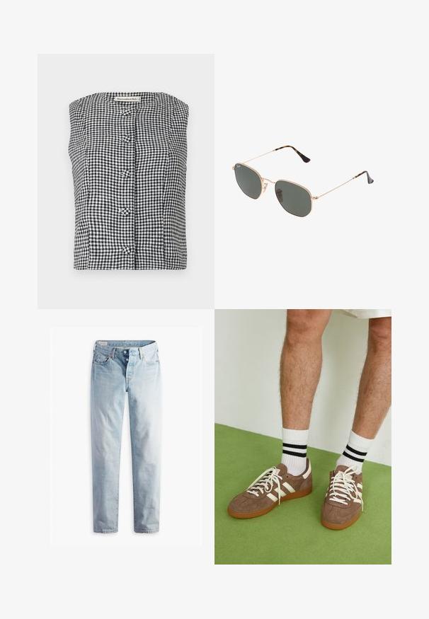 Čierna a biela kockovaná bezrukávová blúzka s okrúhlym výstrihom, obsahujúca tri predné gombíky a textúrovanú látku.; Svetlomodré denimové džínsy so strihom rovného nohavice, dvoma prednými a dvoma zadnými vreckami. Obsahujú zapínanie na dve gombíky a nenápadné šitie.; Hnedé zamatové tenisky s bielymi akcentmi a šnúrkami. Gumová podrážka. Nosené s bielymi ponožkami so čiernymi pruhmi. Zelená textúrovaná podlaha.; Zlaté slnečné okuliare s kovovým rámom a tmavozelenými šošovkami v aviator štýle, s úzkymi ramenami a mramorovými akcentami na koncoch.