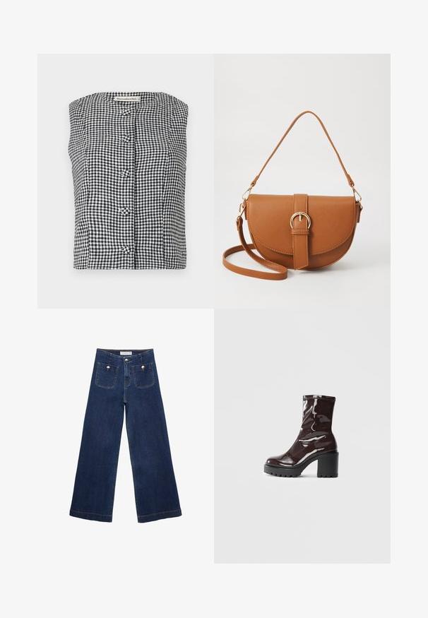 Black and white gingham sleeveless top with a rounded neckline, featuring three front buttons and a textured fabric.; Dark blue wide-leg jeans made of denim, featuring two front pockets with decorative buttons, and a straight-cut hem.; Glossy burgundy ankle boot with a chunky black heel, featuring a smooth texture and simple design. No visible fastenings or patterns.; Brown leather crossbody bag with a curved shape, gold hardware, and a buckle accent. Features a detachable shoulder strap.