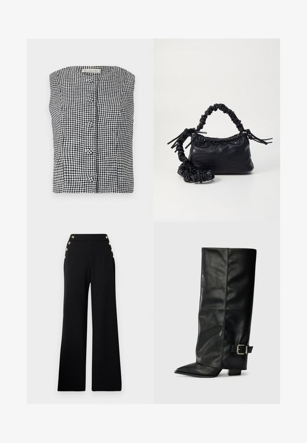 Black and white gingham sleeveless top with a rounded neckline, featuring three front buttons and a textured fabric.; Black high-waist wide-leg trousers with gold buttons along the front and pockets on both hips on a white background.; Black leather ankle-length boots with a pointed toe, smooth texture, and a silver buckle accent on the side. Chunky square heel.; Black faux leather handbag with a crocodile texture, cinched top, and a scrunched strap. Appears soft and compact in design.