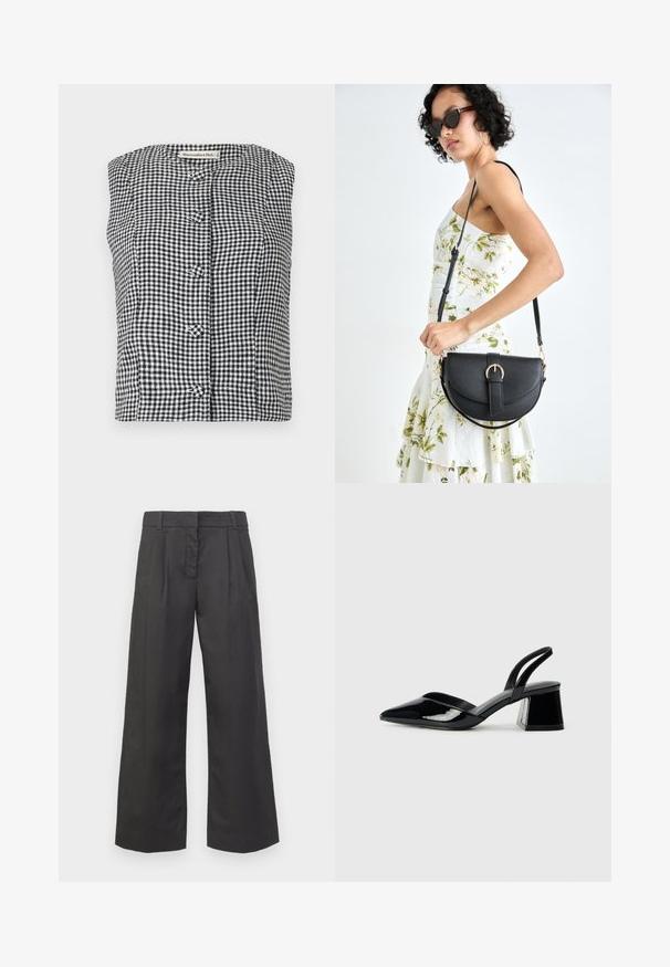 Mustvalge ruuduline ilma varrukateta tops ümarate kaelustega, millel on kolm esimest nööpi ja tekstuuriga kangas.; Mustad jalad mustast kangast, millel on kõrge vöökoht, ees olevad voltid ja diskreetsed taskud. Sile tekstuur puhta viimistlusega.; Mustad musta lakknahk kingad, millel on terav varvas ja geomeetriline plokkkonts. Omab elegantselt minimalistlikku disaini ja sujuvat tekstuuri.; Mustmust mustraha kõverate joontega, eemaldatava rihmaga ja kuldsete detailidega. Kotil on klapp, millel on pandladetail.