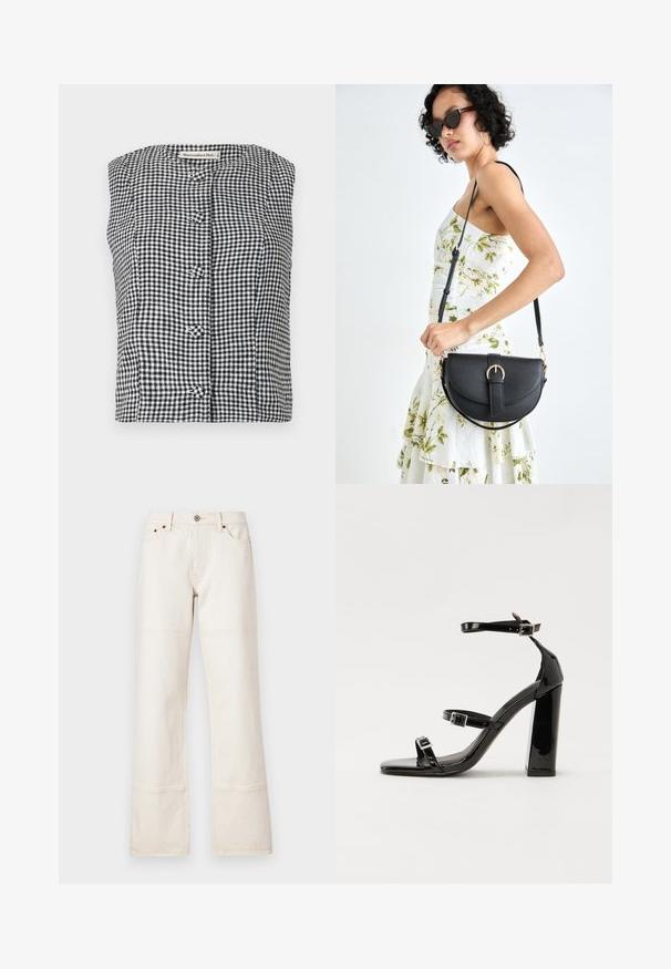 Top senza maniche in gingham bianco e nero con scollatura tonda, caratterizzato da tre bottoni frontali e un tessuto testurizzato.; Jeans a gamba larga e vita alta in denim beige. Presentano tasche, chiusura anteriore con bottone e cuciture a contrasto lungo le cuciture.; Sandali con tacco in vernice nera, con punta squadrata, cinturini alla caviglia e fibbie in argento. Presentano un tacco a blocco spesso per maggiore stabilità.; Borsa a tracolla nera in pelle con una forma curva, manico rimovibile e accessori dorati. La borsa presenta una patta con un dettaglio a fibbia.