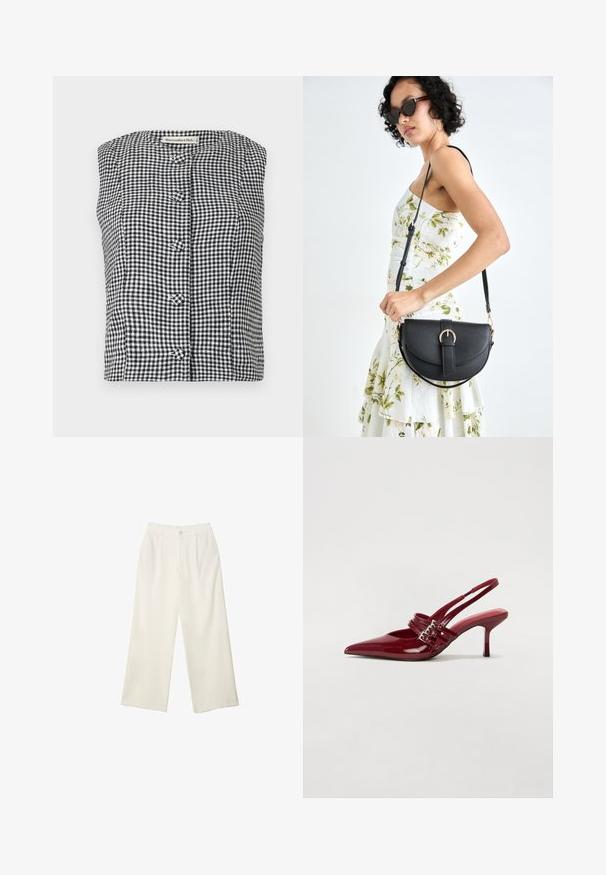 Crna i bijela karo bezrukavna majica s okruglim izrezom, s tri gumba sprijeda i teksturiranim materijalom.; Hlače širokih nogavica od kremaste tkanine s glatkom teksturom, s jednim prednjim gumbom, suptilnim plitvicama i visokim strukom.; Crvene patent kožne sandale s upetačom, oštrim vrhom, dva remena s kopčama i tankim, srednje visokim štiklama. Glatka tekstura.; Crna kožna torba s lukovitim oblikom, odvojivim remenom i zlatnim detaljima. Torba ima preklop s kopčom.