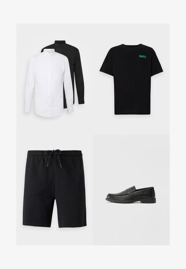 To langermede skjorter, en hvit og en svart, med spiss krage og knappelukking, laget av glatt stoff.; svart t-skjorte laget av bomull med korte ermer. Har et grønt "ROOTS"-logo på forsiden, rund halsutringning og standard passform.; Sorte shorts laget av mykt stoff. Har en elastisk midje med snøring. Enkelt design, ingen synlige mønstre eller detaljer.; Svart skinnloafers med glatt finish, mokkasin-stil overdel, broderte detaljer og gummisåle. Klassisk design med lav hæl.