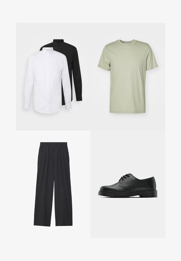 Twee overhemden met lange mouwen, één witte en één zwarte, met een puntige kraag en knoopsluiting, gemaakt van gladde stof.; Lichtgroene katoenen T-shirt met een ronde ronde hals, korte mouwen en een subtiel merkje gedrukt in het midden van de borst.; Wijd-uitlopende broeken van donkergrijze stof. Kenmerken zijn plooien bij de taille, een tailor-made ontwerp en een rechte silhouet.; Zwarte leren oxford schoenen met vetersluiting, ronde neus, platte rubberen zool en subtiele stiksel details langs het bovenwerk.