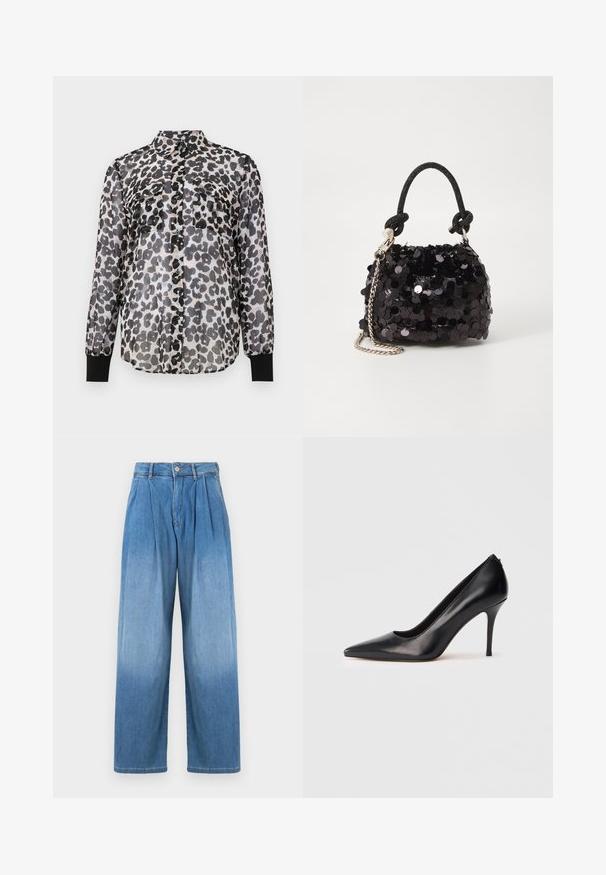 Caura pogu jaku ar leoparda rakstu melnā un pelēkā krāsā. Iekļauj divas priekšējās kabatas un negras aproces pie piedurknēm.; Gaiši zili denim bikses ar augstu jostasvietu, brīvu plašu piegriezumu un priekšējo krokām. Iekļauj poga un rāvējslēdzēju.; Melns ādas augstpapēžu pumps ar smailu purngalu, gludu virsmu un elegantām līnijām. Rāda plānu, paceltu papēdi un zemu izgriezumu priekšpusē.; Melna spīguļota mini rokas soma ar mezglotu teksturētu siksniņu un sudraba ķēdi. Apaļa forma ar sakopotām malām un atstarojumu detaļām.