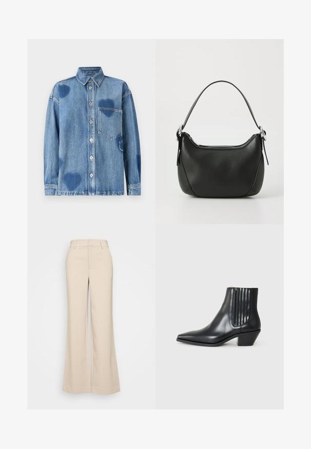 Jasnoniebieska koszula dżinsowa z akcentami w kształcie serca, z prostym kołnierzykiem, przednią kieszenią i listwą guzikową. Miękki, fakturowany materiał.; Beżowe spodnie szerokie z gładką strukturą, z wysokim stanem i dwoma przednimi kieszeniami. Czysty design o dopasowanym kroju.; Czarne skórzane botki za kostkę z wysmuklonym noskiem, elastycznymi bocznymi panelami z pionowymi rowkami oraz niskim blokowym obcasem. Gładka tekstura i elegancki design.; Czarna skórzana torebka o zaokrąglonym kształcie, z srebrnym zamkiem błyskawicznym i krótkim uchwytem. Posiada subtelne logo z przodu i gładką teksturę.