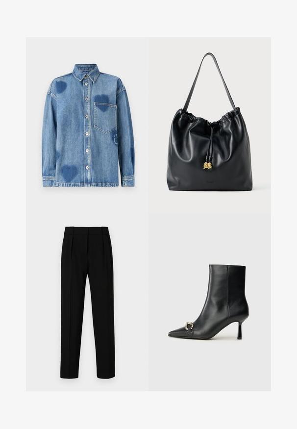 Világoskék farmering, szív alakú díszítéssel, hegyes gallérral, elülső zsebekkel és gombos záródással. Puha, texturált anyag.; Fekete, egyenes szabású, plisszírozott elejű, fényes anyagból készült nadrág közepes derékkal. Nincsenek látható zsebek vagy fémrészletek.; Fekete bőr bokacsizma hegyes orral, vékony közép magasságú sarokkal és ezüst csattal az oldalon, sima háttér előtt.; Fekete bőr húzózsinóros táska sima felülettel, összegyűjtött tetejével és diszkrét arany kiegészítőkkel. Egyetlen strapabíró pánttal és dombornyomott logóval rendelkezik.