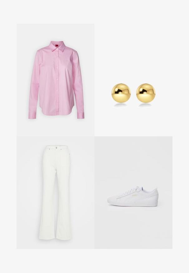 HUGO THE ESSENTIAL SHIRT - Blúzka so zapínaním na gombíky - medium pink; Biele rozšírené džínsy vyrobené z bavlneného denimu, s vysokým pásom, zapínaním na gombík a štyrmi vreckami, s jemnou textúrou.; Puma SMASH - Tenisky - white; Zlaté guľové náušnice s lesklým, odrazovým povrchom. Dizajn je jednoduchý a hladký, čím vytvára moderný, minimalistický vzhľad.