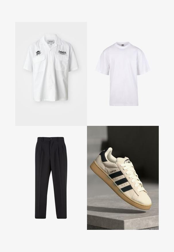 Valkoinen lyhytnorminen paita, jossa napitus edessä, kaksi rintataskua ja mustat brodeeratut logot Carharttilta ja WIP:ltä. Sileä kankaan rakenne.; Valkoinen puuvillapaita, jossa on pyöreä kaula-aukko, lyhyet hihat ja rento leikkaus. Ominaisuuksina yksinkertainen muotoilu ilman kuvioita tai yksityiskohtia.; Mustat housut, joissa on laskostettu etuosa, valmistettu sileästä kankaasta. Varustettu nappikiinnityksellä ja vyölenkeillä; suora lahje.; Beige mokkanahka lenkkarit, joissa on kolme tummansinistä raitaa, valkoiset nauhat ja vaaleanruskea kumipohja. Kengissä on logo kielessä ja "CAMPUS"-teksti.