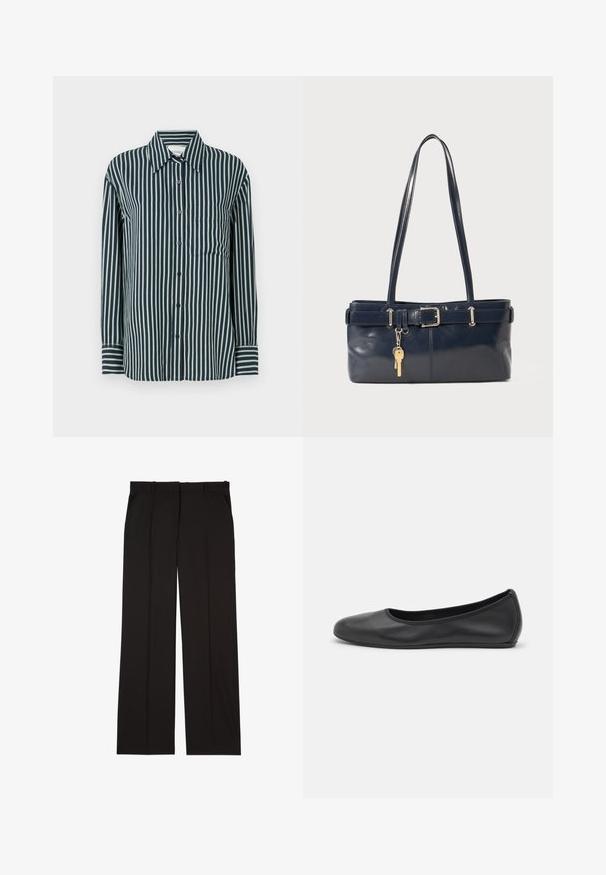 Camisa abotoada com riscas verticais azuis escuras e verdes claras, colarinho clássico, mangas longas e um único bolso no peito. Feita de um tecido suave.; Calças pretas sob medida feitas de um tecido suave, com um design de perna reta e dois bolsos laterais. Construção elegante e minimalista.; Bailarina preta em pele com bico arredondado, textura suave, detalhe de costura minimalista e design de sola flexível.; Bolsa de couro azul-marinho com duas alças longas, um detalhe de fivela e um porta-chaves anexado. Apresenta uma textura suave e uma forma retangular.