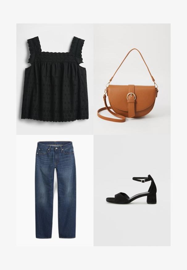 Black, sleeveless top featuring embroidered floral patterns, scalloped edges, and a gathered bodice for a relaxed fit. Lightweight fabric.; Dark blue denim jeans with a straight leg design. Features include a button closure, five pockets, and subtle fading in the fabric.; Black suede heeled sandals with a thin ankle strap, open toe design, and a modest block heel. Smooth texture and minimal accents.; Brown leather crossbody bag with a curved shape, gold hardware, and a buckle accent. Features a detachable shoulder strap.