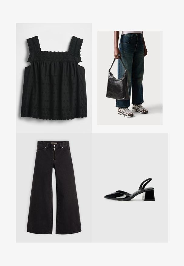 Top preto sem mangas com padrões florais bordados, bordas onduladas e corpete franzido para um ajuste descontraído. Tecido leve.; Calças de ganga de perna larga em denim preto com fecho éclair à frente, design de cinco bolsos e detalhes de costura subtil. Textura suave e estilo casual.; Sandy em verniz preto com salto slingback, ponta afilada e salto geométrico. Apresenta um design elegante e minimalista com textura suave.; Bolsa de ombro em couro preto com textura suave e alça ajustável, combinada com jeans de perna larga desbotados e ténis desportivos.