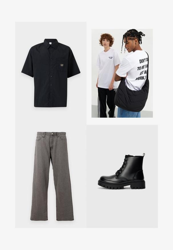 Kratka črna srajca s kratkimi rokavi, izdelana iz lahkega materiala, z žepom na prsih in zlatim logotipom 'GAP'.; Sive straight-leg kavbojke z gumbi spredaj, zadrgo in petimi žepi na belem ozadju.; Črne usnjene gležnjarje z okroglo konico, zavezovanjem in trdim debelim podplatom. Imajo zanko za pomoč pri obuvanju na peti in srebrne dodatke.; Črna prešita torba za ramo z mehkimi teksturami, ki jo nosi oseba v beli grafični majici z odštevilčenim besedilom. Priložnostna obleka z denimom.