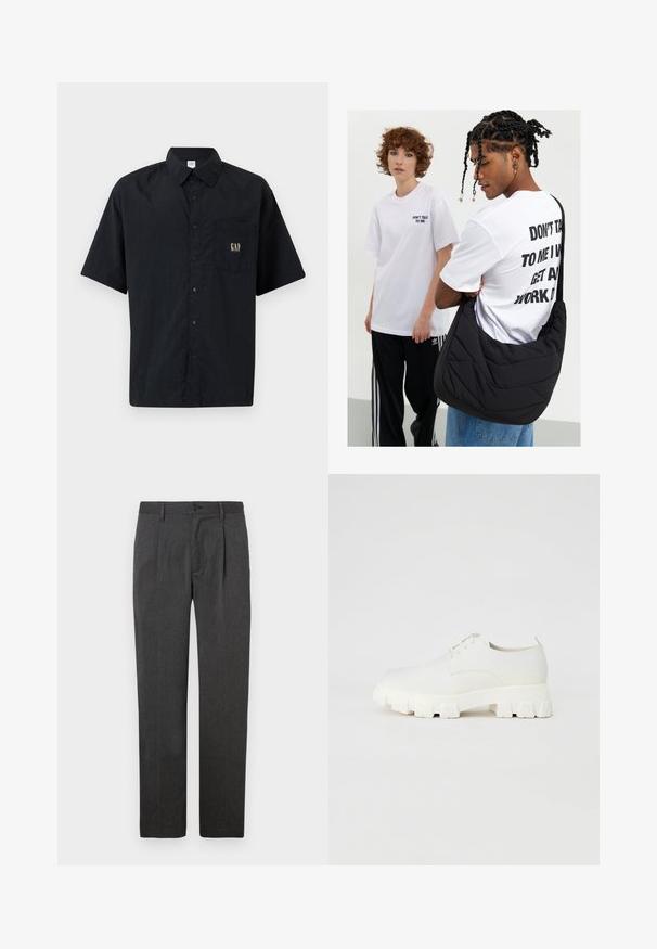 Kortermet sort skjorte med knapper laget av lett stoff, med en brystlomme og gull «GAP»-logo detalj.; Grå skreddersydde bukser med rett benpassform, med frontfold, glidelås og knappelukking. Glatt tekstur, klassisk design.; Hvite snøresko med en jevn tekstur, som har en chunky, rillet såle og minimalistisk design. Subtil søm detalj på overdelen.; Sort, kviltet skulderveske med myk tekstur, båret av en person i en hvit grafisk T-skjorte med fet tekst. Løs stil med denim.