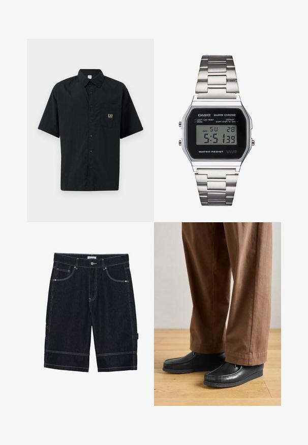 Lühikeste varrukatega must särk, millel on kerge kangas, rinnatasku ja kuldne "GAP" logo detail.; Tumed denim šortid kontrastõmblustega, viie tasku, nööpkinnituse ja sirge lõikega disain. Ilma nähtavate mustrite või tekstuurideta.; Mustad nahast kingad mokasiini disainiga ja tikanditega, millele on paigutatud pruunid püksid, puidust põrandal.; Digitaalne Casio kell musta näo, hõbedase roostevabast terasest rihmaga, ristküliku kujuline korpus ning nupud valguse, ringi nullimise ja režiimi kohandamiseks.