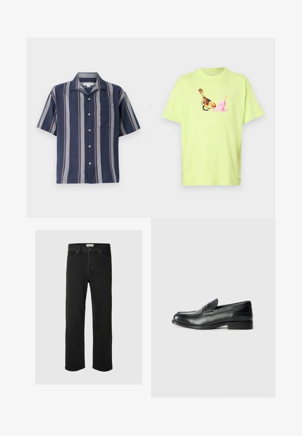 Cămașă cu mâneci scurte, cu nasturi, de culoare bleumarin, cu dungi verticale. Prezintă un buzunar și un model texturat în nuanțe de gri și roșu, în contrast.; Tricou din bumbac verde lime, cu o grafică a unei păsări și un con de înghețată roz, cu un gât simplu și mâneci scurte.; Jeans negre din denim cu croi drept, care prezintă un design clasic cu cinci buzunare, închidere cu buton, cusături minime și o textură moale.; Mocasini negri din piele cu un finisaj neted, detalii cusute pe partea de sus și un toc ușor ridicat.