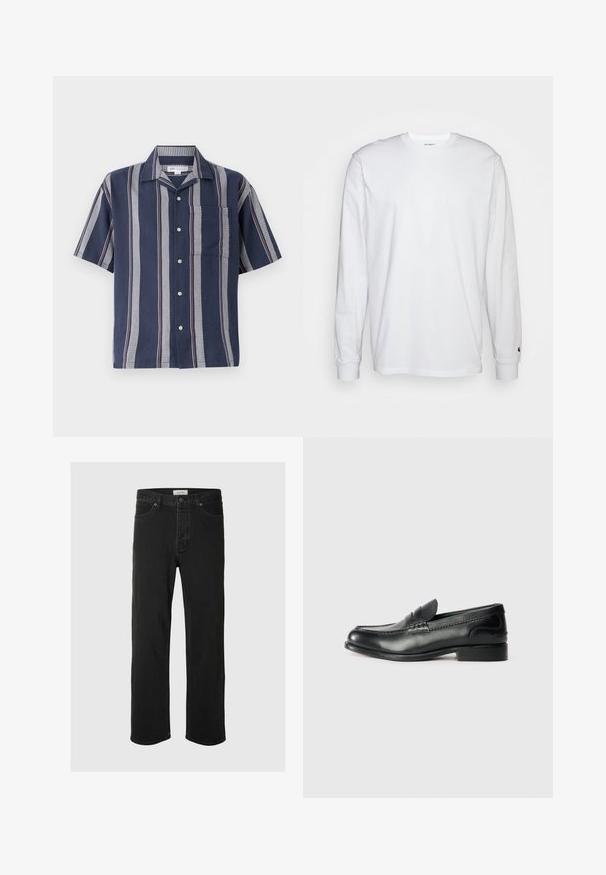 Koszula z krótkim rękawem, zapinana na guziki, w kolorze granatowym w pionowe paski. Posiada kieszeń oraz kontrastowe, teksturowane wzory w odcieniach szarości i czerwieni.; Biała, długospełna koszulka wykonana z bawełny. Klasyczny krój z okrągłym dekoltem, ściągaczami na rękawach oraz małym logiem na lewym rękawie. Gładka tekstura.; Czarne dżinsy straight-leg cechują się klasycznym pięciopocketowym wzorem, z zapięciem na guzik, minimalnym przeszyciem oraz miękką teksturą.; Czarne skórzane mokasyny z gładkim wykończeniem, haftowanymi detalami wzdłuż przodu buta oraz lekko podniesionym obcasem.