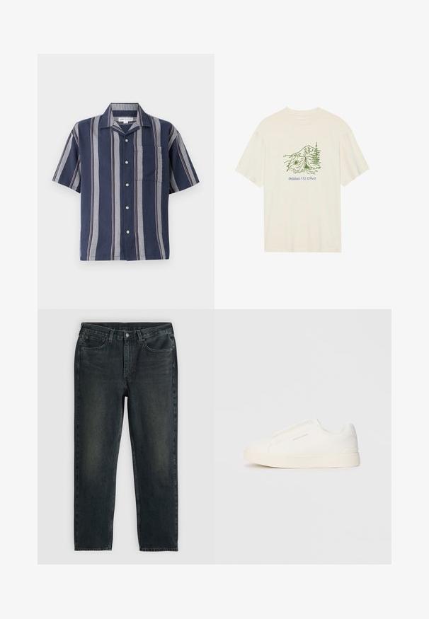 Tamsiai mėlynas marškiniai su trumpomis rankovėmis ir vertikaliomis juostelėmis. Yra kišenė ir kontrastingi tekstūriniai raštai pilkos ir raudonos spalvos.; Kremo spalvos medvilninis marškinėliai su trumpomis rankovėmis, kuriuose pavaizduotas žalias stovyklavimo tema atvaizdas ir užrašas "PHOENIX 112.0740".; Tamsiai mėlynos džinsinės kelnės su tiesiu kirpimu, turinčios penkias kišenes, užtrauktuką ir kontrastingas siūles. Audinys šiek tiek nublukęs.; Baltos slip-on sportbačiai su tekstūruota paviršiumi, storesniu padu ir minimalistišku dizainu. Šone matosi prekės ženklo logotipas.