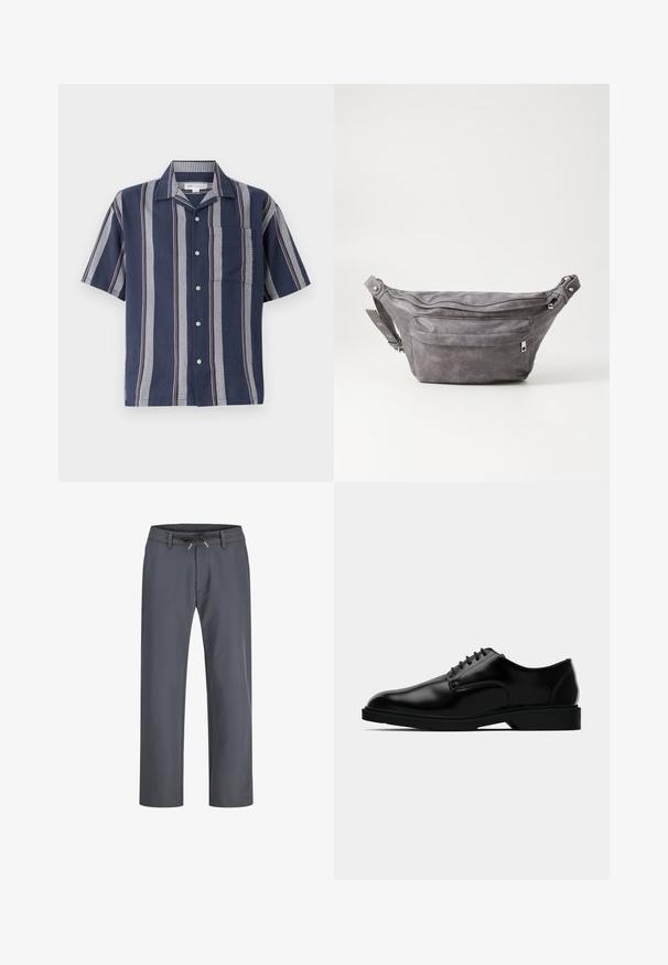 Korte mouwen overhemd met knopen in marineblauw met verticale strepen. Bevat een zak en contrasterende textuurpatronen in grijs en rood.; Grijze, elastische broek met een trekkoord. Rechtoe-rechtaan ontwerp, gemaakt van een gladde stof, met minimale stiksels en geen zichtbare hardware.; Zwarte leren dresschoenen met een gladde afwerking, ronde neus, vetersluiting en een bescheiden rubberen zool voor grip.; Grijze suède heuptas met een ronde vorm, twee met rits afgesloten compartimenten en een verstelbare band. Voorzien van metalen accenten.