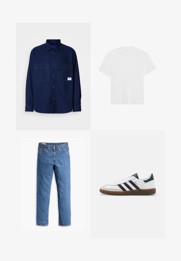 Marineblå langermet skjorte med knapp foran, to brystlommer og en liten hvit etikett på høyre lomme.; Hvit bomulls t-skjorte med korte ermer, rund hals og rett nederkant. Glatt tekstur, minimalistisk design uten mønstre eller detaljer.; Blå denimjeans med rett benklipp, kobbernitter og fem-lommers design. Har en sydd avslutning og en klassisk midje med beltehemper.; Hvit lær sneaker med svarte semsket detaljer, tre svarte striper, beige gummisåle og gull "SPEZIAL" merkingen på siden.