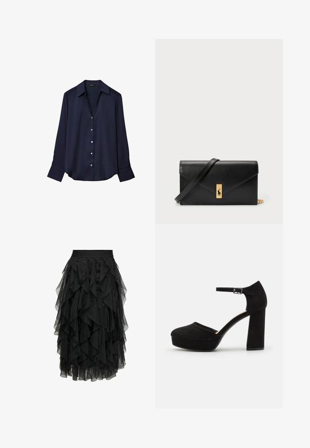 Blusa button-up a maniche lunghe di colore blu navy con colletto a punta e polsini larghi, mostrata su uno sfondo bianco.; Gonna midi nera realizzata in tulle a strati con un design arricciato. Presenta una vita elastica. Il tessuto trasparente aggiunge texture e movimento.; Scarpe con tacco a piattaforma nere in suede, dotate di un spesso tacco a blocco, punta arrotondata e cinturino alla caviglia fissato da una fibbia in metallo. Texture liscia su tutta la superficie.; Portafoglio in pelle nera con pattina a pieghe, accessori dorati, con un logo decorativo. Include una tracolla staccabile per il trasporto.