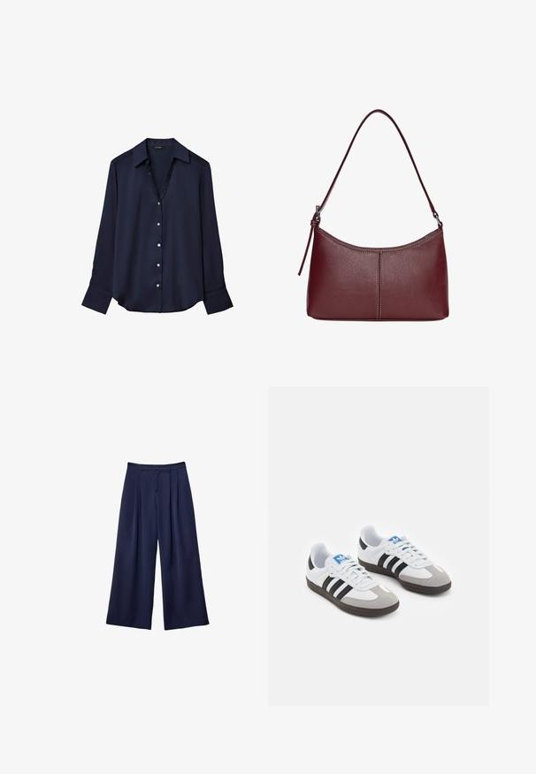 Navy blue long-sleeve button-up blouse with a pointed collar and wide cuffs, displayed against a white background.; Navy blue wide-leg trousers with pleats, buttoned waistband, and belt loops, shown flat on a white background.; Sport shoes with a white leather upper, gray suede toe, and three black stripes. Features a blue logo on the tongue and a textured rubber sole.; Maroon leather handbag with a curved shape, a single shoulder strap, and stitched detailing at the center. Smooth texture, minimal hardware.