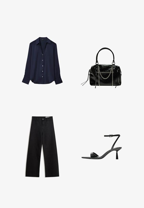Navy blue long-sleeve button-up blouse with a pointed collar and wide cuffs, displayed against a white background.; Black wide-leg denim pants with a high waist, featuring front and back pockets, stitched seams, and a button closure. Smooth texture.; Bershka High heeled sandals - black; Bershka WITH CHAIN - Handbag - black