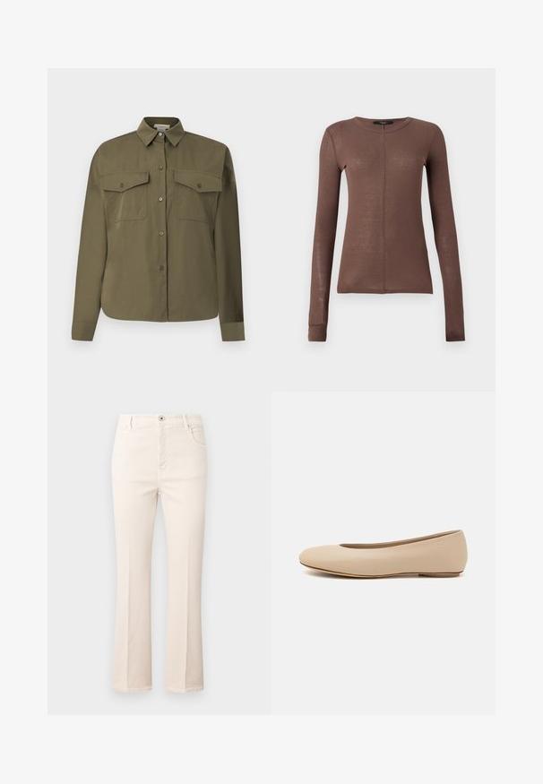 Camasa verde măslinie, cu nasturi, realizată dintr-un material neted și ușor. Are două buzunare pe piept, guler ascuțit și mâneci lungi.; Bluză lungă maro, dintr-un material ușor și neted. Are un decolteu rotund și un detaliu discret al cusăturii pe față.; Jeans bej evazați, din bumbac, cu talie înaltă, cinci buzunare, închidere cu nasture și detalii subtile de cusătură.; Balerini din piele bej, cu vârful rotund, detalii de cusătură minime, toc mic și un logo subtil pe partea din spate. Textură netedă, mată.