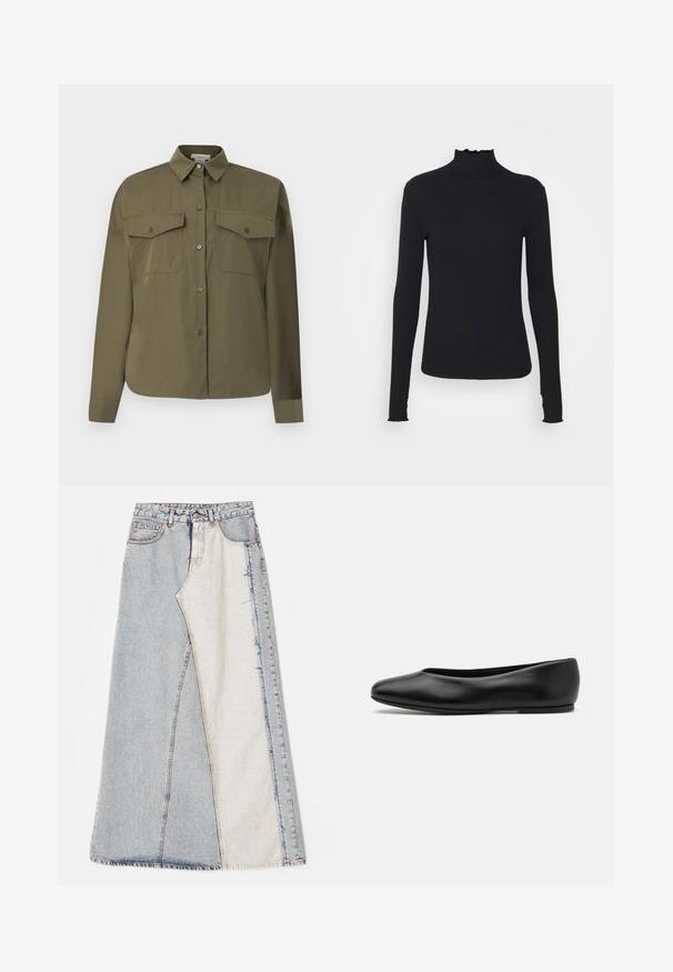 Olivově zelená košile na knoflíky vyrobená z hladkého, lehkého materiálu. Obsahuje dvě náprsní kapsy, špičatý límec a dlouhé rukávy.; Černý dlouhý rukáv rolák vyrobený z hladkého materiálu, s volánkovým límcem a přiléhavým střihem s jednoduchými okraji.; Džínová sukně s patchwork vzorem obsahující světlé a středně modré části, roztrhané okraje a vysoký pas. Klasický pětikapsový styl.; Paul Smith TOPANGA - Klasické baleríny - black