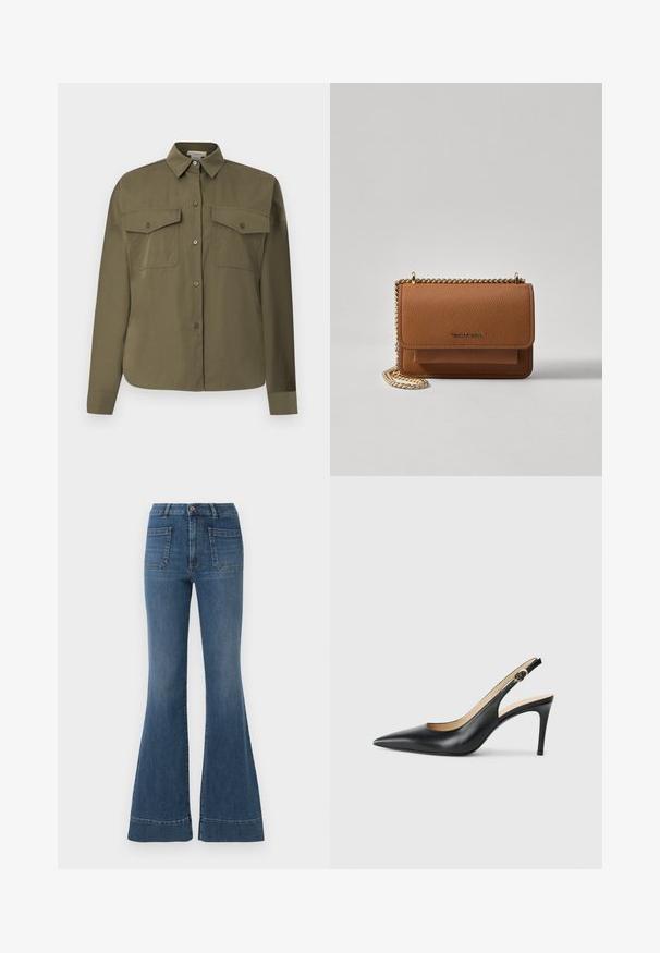 Olive green button-up shirt made from a smooth, lightweight fabric. Features two chest pockets, pointed collar, and long sleeves.; Flared blue jeans in a medium wash, featuring a high waist, five pockets, and slight fading around the knees and thighs.; Black leather slingback high heels with a pointed toe, adjustable strap, and a sleek stiletto heel, featuring a smooth finish.; Brown textured leather crossbody bag with gold chain strap and flap closure. Front features logo detail and a pocket under the flap.