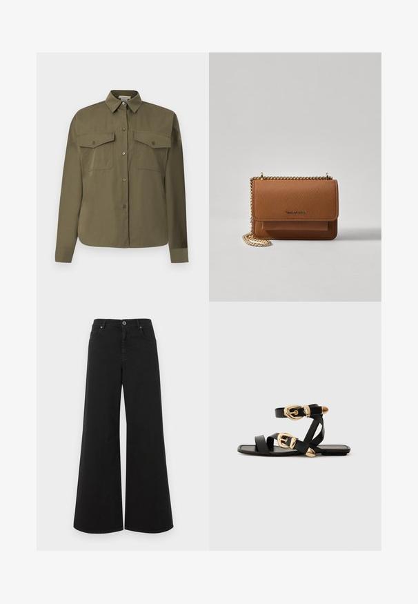 Chemise boutonnée vert olive fabriquée dans un tissu léger et lisse. Elle comprend deux poches poitrine, un col pointu et des manches longues.; Jean noir à jambe large en denim, avec une taille haute, cinq poches, fermeture à bouton et finition épurée sans embellissements.; Sandales en cuir noir avec des accents de boucles dorées, présentant plusieurs brides et un design de semelle plate pour un port ouvert.; Sac en cuir texturé marron en bandoulière avec une sangle en chaîne dorée et une fermeture à rabat. L'avant présente un détail de logo et une poche sous le rabat.