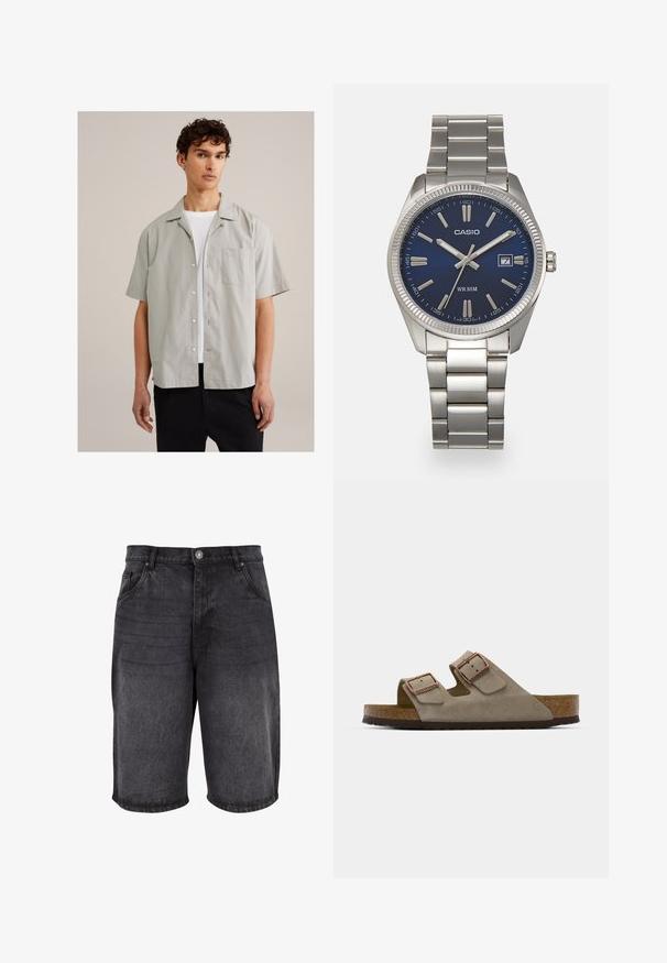 Heledad hallhall, lühikeste varrukatega, sujuvast kangast, nööbid ees, terava kraega ja rinnataskuga. Kantud valge t-särgi peal.; Kolme topit valgest, hallist ja mustast. Igaühel on klassikaline varrukateta disain, valmistatud kergest puuvillalisest kangast, millel on soonikstruktuur.; Mustad teksashortsid, mis omavad lõdva istuvust, viit taskut ja nööbiringi. Kanga pind on sileda tekstuuriga ning kergete vicepitikutega.; Heledad sandaal erepunasel hallil kahe reguleeritava pandlaga, korkkeskmise taldaga ja tekstuuriga kummitald.; Hõbedane roostevabast terasest käekell, tumesinise lõpliku, metallsete tuntud numbrite ja kuupäevanäidikuga kell 3 juures. Veekindel kuni 50 meetrit.