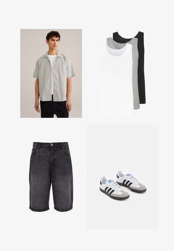 Világosszürke, rövid ujjú ing sima anyagból, gombos elülső résszel, hegyes gallérral és zsebbel a mellrészen. Fehér póló felett viselve.; Három ujjatlan póló fehér, szürke és fekete színben. Mindegyik klasszikus ujjatlan dizájnnal készült, könnyű pamut anyagból, bordázott textúrával.; Fekete farmer rövidnadrág, laza fazonnal, öt zsebes kialakítással és gombos záródással. Az anyag sima felületű, enyhe kopással.; Fehér bőr felsőrészes sportcipő, szürke velúrból készült orral és három fekete csíkkal. Jellemzője a kék logó a nyelvén és egy texturált gumitalp.