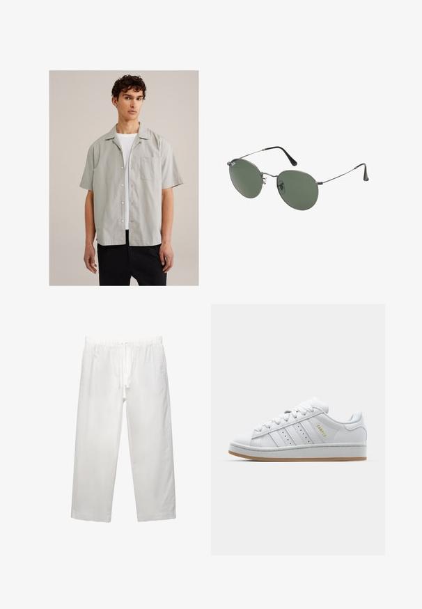 Vaaleanharmaa lyhythihainen paita, jossa on sileä kangas, napillinen etuosa, terävä kaulus ja rintatasku. Paita on päällä valkoisen t-paidan.; Valkoinen puuvillapaita lyhyillä hihoilla, pyöreällä kaula-aukolta ja rentoa istuvuutta. Sujuva pinta ilman näkyviä kuvioita tai korostuksia.; Valkoiset pellava-housut, joissa on elastinen vyötärö ja naru, leveät lahkeet ja siistit saumat. Sileä pinta ja rento istuvuus.; Valkoiset tennarit, joissa on läpikuultava kolmiraidallinen muotoilu, tekstuuriset korostukset, kumipohja ja kultainen "CAMPUS" -logo sivulla.; Aurinkolasit metallikehyksillä, joissa on soikeat vihreät linssit. Ohut hopeinen metallikehys ja mustat korvapehmusteet. Minimalistinen muotoilu, ei näkyviä logoja.