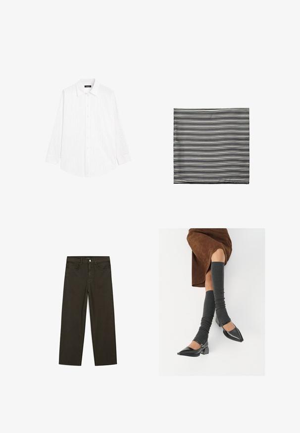Hvid skjorte med knapper og lodrette lysegrå striber, spredt krave, lange ærmer og en afslappet pasform. Fremstillet af letvægtsstof.; Mørkegrønne brede jeans lavet af en bomuldsblanding, med en frontlukning med knap, fem lommer og klassisk denim-syning.; Sorte patenterede lædersko med spids tå, blokhæl og ankelrem, kombineret med grå ribbede benvarmere og en brun ruskinds nederdel.; Sorte og hvide stribede tørklæde, lavet af letvægtsstof. Rektangulær form med jævne, skiftende striber i varierende bredder. Blød tekstur.; Brun læder tote bag med to forlængede håndtag, struktureret rektangulær form, glat overflade og subtile syninger.