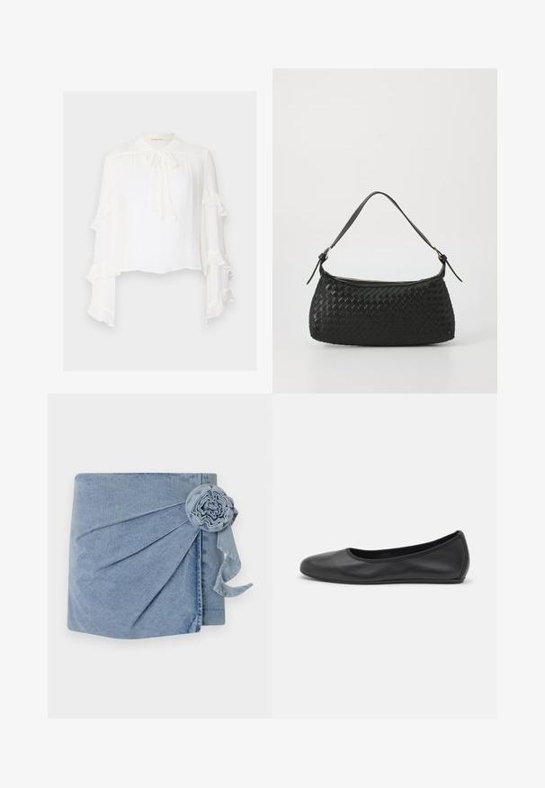 Weiße Bluse mit langen, ausgestellten Ärmeln und gerüschten Kanten. Hoher Kragen mit einer Bindeband-Detail und aus leichtem, strukturiertem Material.; Denim-Wickelkleid in einem hellblauen Farbton, mit aufwendigen Falten und einem dekorativen Blumenakzent, der mit einem schwebenden Band versehen ist. Weicher Stoff und lässiges Design.; Schwarze Leder-Ballettschuhe mit abgerundeter Spitze, glatter Textur, minimalen Nähdetails und einem flexiblen Sohlen-Design.; Schwarze geflochtene Schultertasche mit einem glatten Ledertragegurt und Reißverschluss. Verfügt über eine strukturierte Oberfläche und eine gebogene Form.
