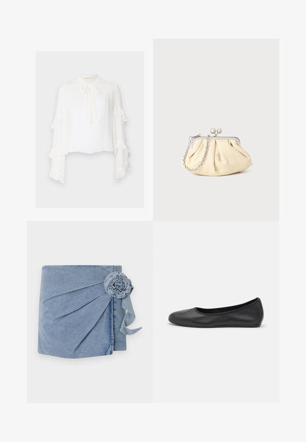 Blouse blanche à manches longues évasées avec des bords ondulés. Col montant avec un détail à nouer et tissu léger et texturé.; Enveloppe en denim de teinte bleu clair, avec des plis intriqués et un accent floral décoratif agrémenté d'un ruban trailing. Texture douce et design décontracté.; Ballerines en cuir noir avec un bout rond, texture lisse, détails de couture minimalistes et design de semelle flexible.; Pochette en cuir beige plissé avec un cadre en métal argenté, dotée de deux fermoirs ronds décoratifs et d'une chaîne en argent.