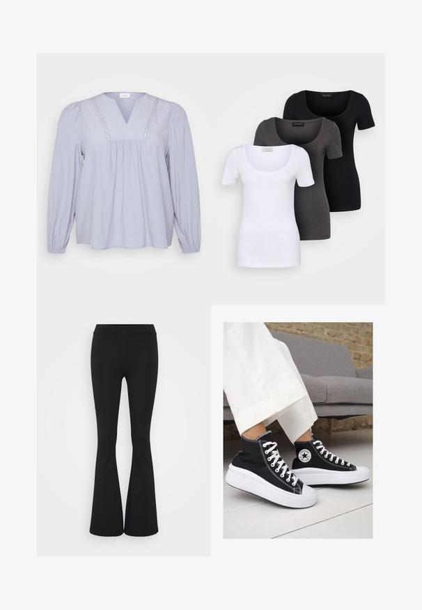 Hellbluse aus weichem Stoff, mit V-Ausschnitt, vertikalen Rippungen und dekorativen Akzenten entlang des Ausschnitts. Lange, geraffte Ärmel.; Drei figurbetonte T-Shirts in Weiß, Grau und Schwarz. Jedes hat einen weiten Rundhalsausschnitt und kurze Ärmel. Hergestellt aus glattem, elastischem Stoff.; Schwarze, ausgestellte Hosen aus dehnbarem Material mit hohem Bund und glatter Textur. Die Hose weitet sich ab dem Knie.; Schwarze Canvas-Hochtop-Sneakers mit weißen Gummisohlen und Schnürsenkeln. Mit einem runden Logo an der Seite und kontrastierendem weißen Nähten.